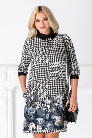 Rochie Lucia cu imprimeu alb-negru si flori la baza