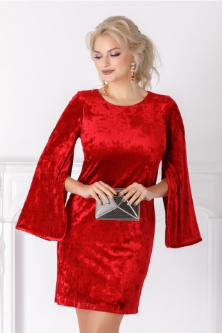 Rochie Moze rosie din catifea cu maneci evazate