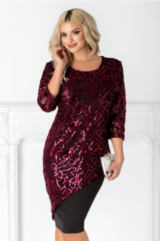Rochie Patte neagra cu broderie bordo din catifea si paiete
