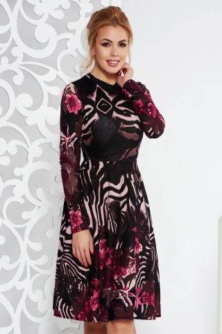 Rochie StarShinerS neagra de zi midi in clos din material tricotat cu maneci lungi
