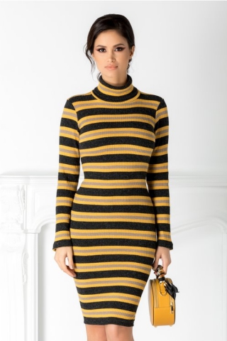 Rochie Zoe neagra cu dungi galbene si gri