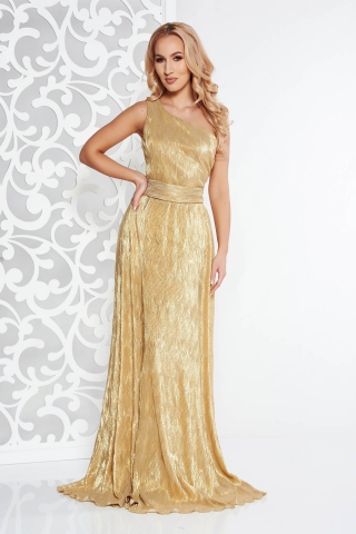 Rochie aurie de ocazie pe umar din material usor elastic plisat cu aspect metalic captusita pe interior