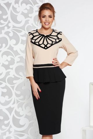 Rochie crem eleganta midi tip creion din material usor elastic cu peplum