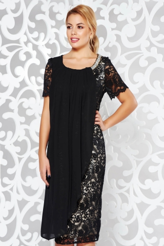 Rochie neagra de ocazie tip creion din dantela captusita pe interior cu aplicatii stralucitoare suprapunere cu voal