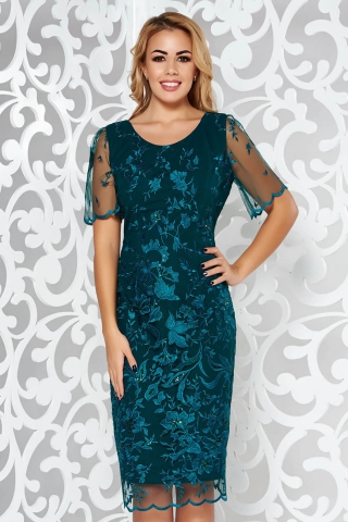 Rochie verde-inchis de ocazie tip creion din dantela cu aplicatii cu paiete