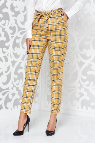 Pantaloni StarShinerS mustarii casual conici cu talie medie din stofa neelastica cu buzunare accesorizati cu cordon