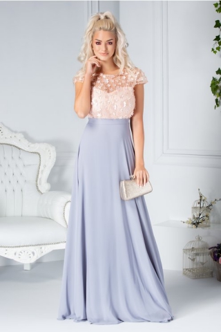 Rochie Fofy Dorys somon si gri lunga cu flori 3D si sclipici la bust