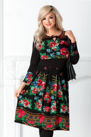 Rochie Moze neagra cu imprimeu floral traditional colorat