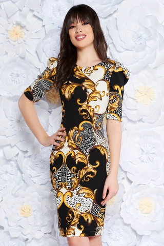 Rochie StarShinerS neagra de zi midi cu un croi mulat din scuba cu print