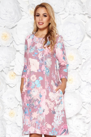 Rochie StarShinerS roz eleganta midi cu croi larg din stofa usor elastica cu buzunare