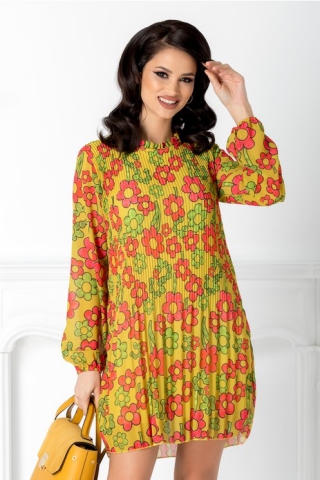Rochie Sylvia galbena plisata cu imprimeu floral
