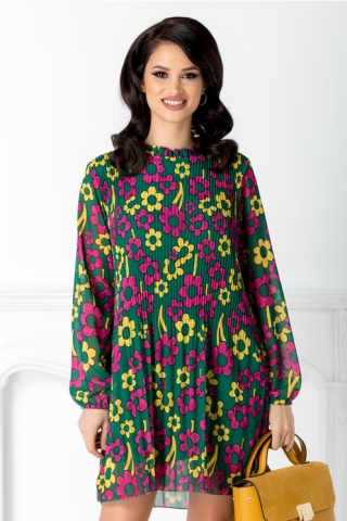Rochie Sylvia verde plisata cu imprimeu floral