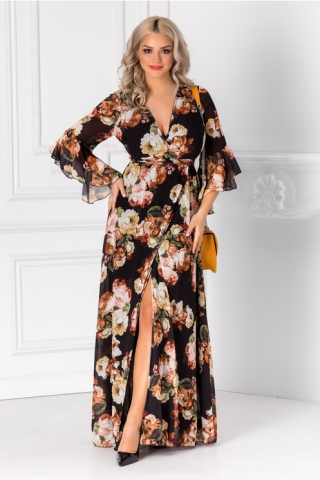 Rochie Alesia lunga neagra cu imprimeu floral