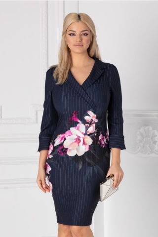 Rochie Alma bleumarin cu imprimeu floral la baza