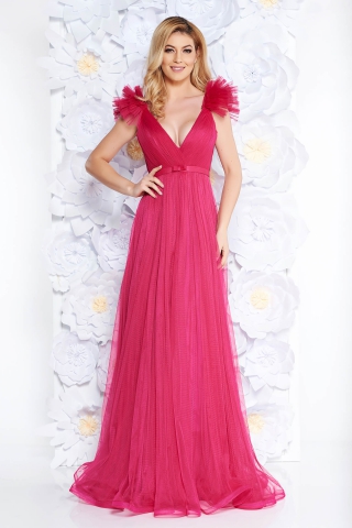 Rochie Ana Radu fuchsia de lux cu decolteu adanc din tul captusita pe interior cu bust buretat
