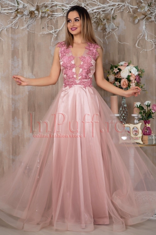 Rochie Pretty Girl lunga de seara lila cu tul si broderie