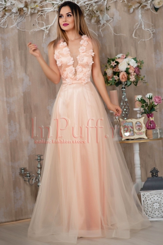 Rochie Pretty Girl lunga rose cu flori 3D si tul