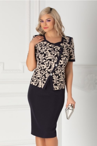 Rochie Amalia bleumarin cu aplicatie tip sacou si imprimeu bej