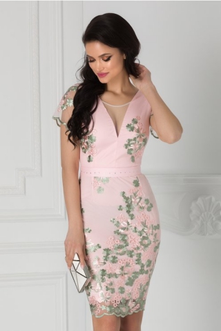 Rochie Anelie roz cu broderie florala si cordon in talie