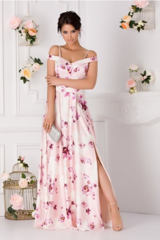 Rochie Ariana roz pal lunga cu imprimeu floral