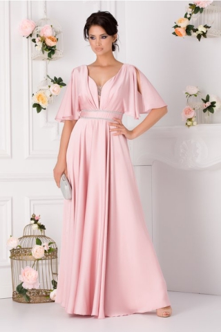 Rochie Flavia roz lunga cu maneci decupate