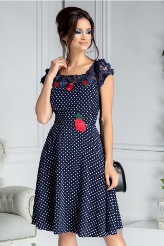 Rochie Iulia bleumarin cu buline si broderie florala