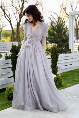 Rochie LaDonna gri lunga cu flori 3D in talie si sclipici