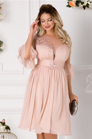 Rochie Leonard Collection nude rose cu broderie florala