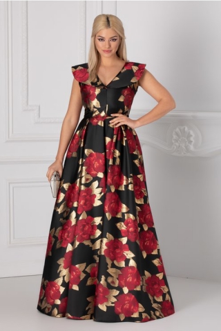 Rochie Luxury neagra lunga cu imprimeu floral si detalii aurii