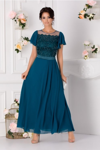 Rochie Mirabel verde petrol lunga cu dantela si margelute la bust