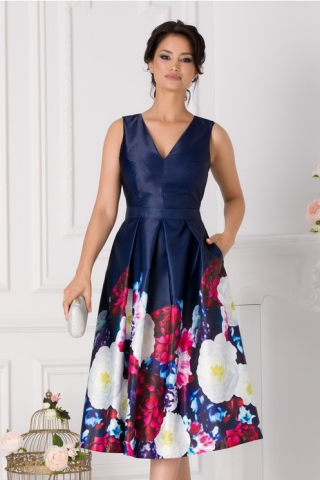Rochie Moze din tafta bleumarin cu imprimeu floral la baza