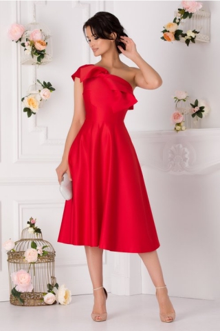 Rochie Moze rosie cu un umar si funda