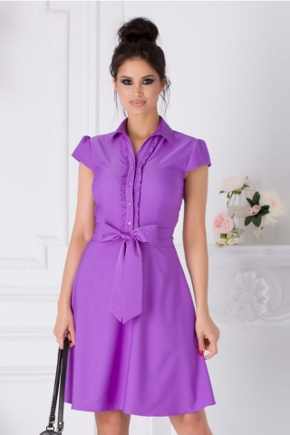 Rochie Ofelia mov cu volane la bust si cordon in talie