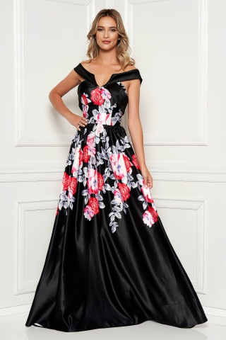 Rochie Artista neagra lunga de seara cu decolteu adanc cu imprimeuri florale