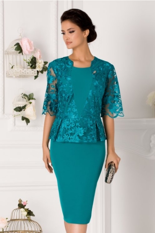 Rochie Gratiela turcoaz cu peplum si dantela la bust