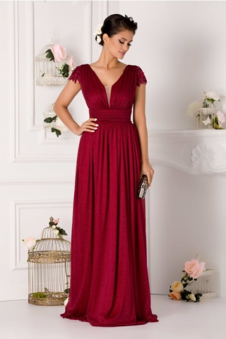 Rochie LaDonna bordo lunga cu maneci scurte din dantela cu perlute