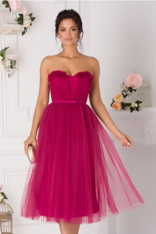 Rochie LaDonna fucsia midi din tull si dantela in zona bustului