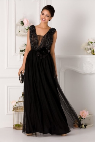 Rochie LaDonna lunga neagra cu strasuri si margelute la bust