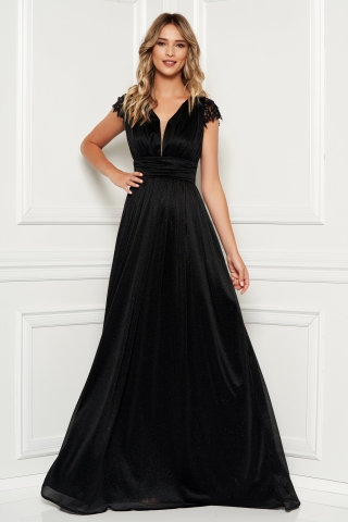 Rochie LaDonna neagra de ocazie in clos lunga cu maneci din dantela material stralucitor