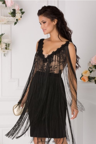 Rochie Ladonna de ocazie neagru si bej cu broderie si franjuri