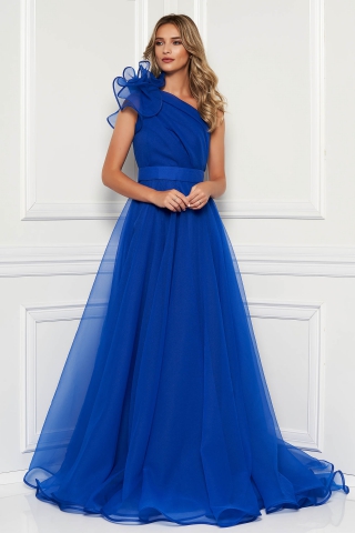 Rochie Ana Radu albastra de lux pe umar croi in clos captusita pe interior si accesorizata cu cordon