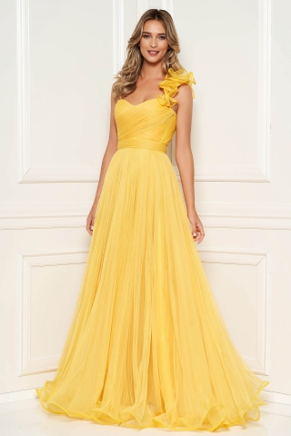 Rochie Ana Radu galbena de lux lunga din tul cu bust buretat croi in clos