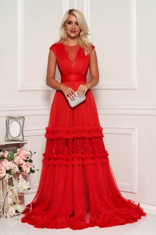 Rochie Ana Radu rosie de lux in clos cu decolteu in v cu aplicatii de dantela accesorizata cu cordon