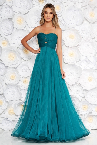 Rochie Ana Radu turcoaz de lux din tul captusita pe interior cu bust buretat cu umeri goi