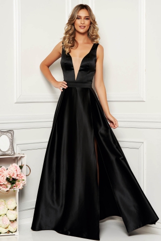 Rochie Artista neagra de ocazie in clos din satin decupat pe picior cu decolteu in v