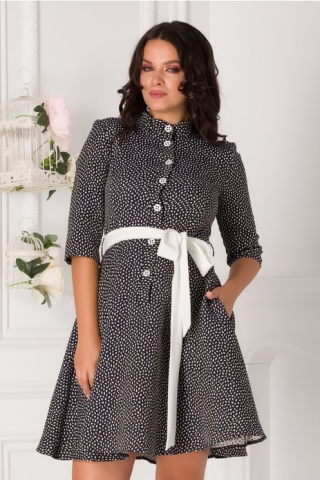 Rochie Bianco bleumarin cu picatele albe si cordon in talie