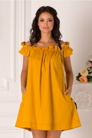 Rochie Dia galben mustar cu umerii lasati