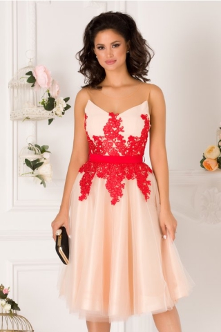 Rochie Diane bej cu broderie rosie