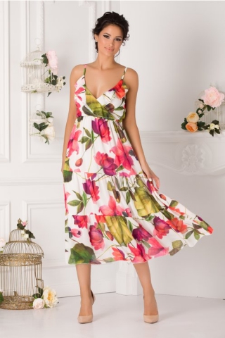 Rochie Isabella alba cu flori mari fucsia