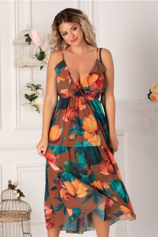 Rochie Isabella maro cu flori mari orange